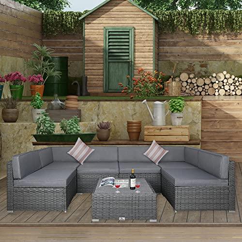 7 Piece Outdoor Patio Furniture Sets with Cushions, Outdoor Sectional Sofa Set, Patio PE Rattan Wicker Conversation Couch Sets with Slatted Coffee Table, and Striped Pillows (Light Gray/Gray) - CookCave