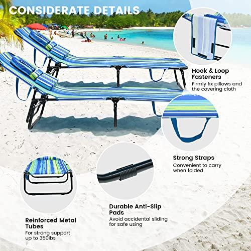 GYMAX Tanning Chair, 350lbs Beach Lounge Chair with Face Hole, Detachable Washable Pillow & Carry Strap, Adjustable Folding Chaise Lounge, Layout Chair for Outside, Patio, Poolside, Lawn (1, Stripe) - CookCave