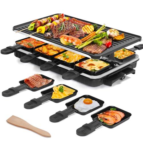 Korean BBQ Grill, Indoor Raclette Table Grill Smokeless 2 in 1 Electric Griddle Nonstick with 8 Raclette Cheese Pans Adjustable Temperature Control 1300W Ideal for Family and Party Fun - CookCave