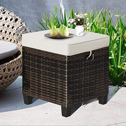 Tangkula 2 Pieces Outdoor Patio Ottoman, All Weather Rattan Wicker Ottoman Seat, Patio Rattan Furniture, Outdoor Footstool Footrest Seat w/Removable Cushions (Brown) - CookCave