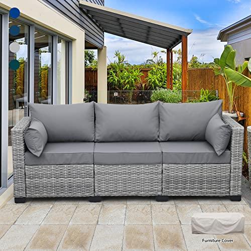 Rattaner Outdoor Furniture Outdoor Couch Grey Wicker Patio Furniture 3-seat Sofa Deep Seat Hight Backrest with Waterproof Cover and Anti-Slip Cushions, Grey - CookCave