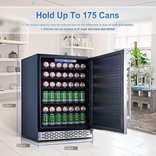 Phiestina 24 inch Indoor/Outdoor Beverage Refrigerator 175 Cans Built-in/Freestanding Beverage Fridge Cooler Lockable Stainless Steel Door Auto Defrost Quiet For Home/Commercial,6 Removable Shelves - CookCave