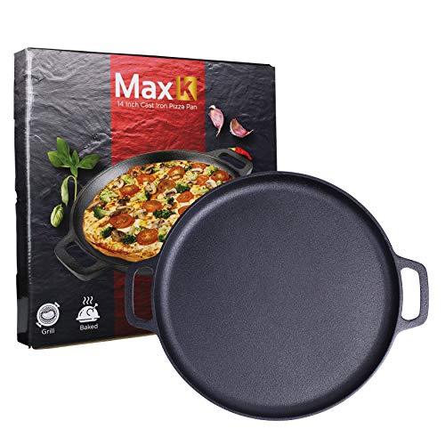 Max K 14-Inch Pizza Pan with Handles - Preseasoned Cast Iron Cooking Pan for Baking, Roasting, Frying - Black - CookCave