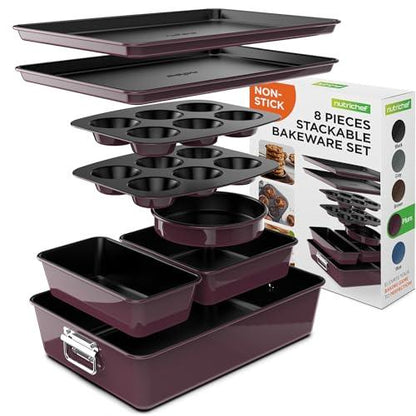 NutriChef 8-Piece Nonstick Stackable Bakeware Set - PFOA, PFOS, PTFE Free Baking Tray Set w/Non-Stick Coating, 450°F Oven Safe, Round Cake, Loaf, Muffin, Wide/Square Pans, Cookie Sheet (Plum) - CookCave