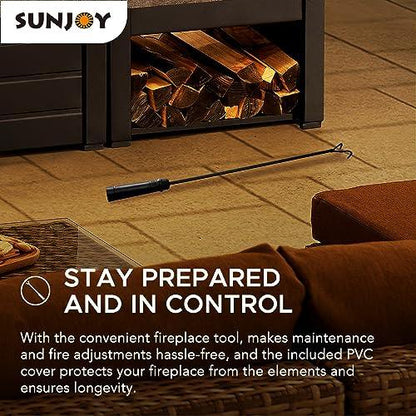 Sunjoy Outdoor Fireplace, Patio Wood Burning Steel Fireplace with Chimney, Log Holders, Fireplace Tool and PVC Cover, Black - CookCave