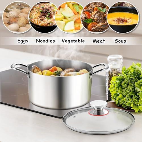 E-far 4 Quart Stock Pot, Tri-Ply Stainless Steel Cooking Pot with Glass Lid and Riveted Handles, Metal Pasta Soup Pot for Induction Ceramic Electric Gas Stoves, Heavy Duty & Dishwasher Safe - CookCave