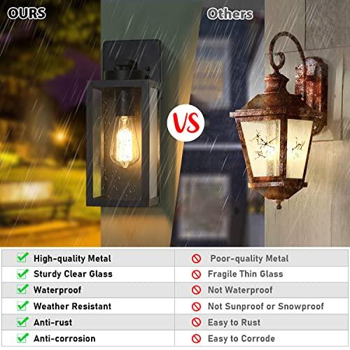 Outdoor Wall Light Fixtures, Exterior Waterproof Lanterns, Porch Sconces Wall Mounted Lighting with E26 Sockets & Glass Shades, Modern Matte Black Wall Lamps for Patio Front Door Entryway, 2-Pack - CookCave