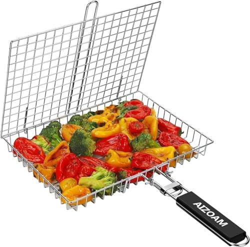 AIGMM Portable Stainless Steel BBQ Barbecue Grilling Basket for Fish ,Vegetables , Steak ,Shrimp, Chops and Many Other Food .Great and Useful BBQ Tool. - CookCave