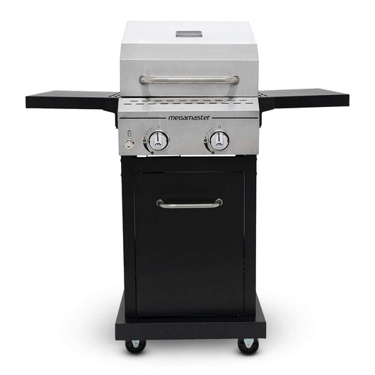 Megamaster 2-Burner Propane Barbecue Gas Grill with Foldable Side Tables, Perfect for Camping, Outdoor Cooking, Patio, Garden Barbecue Grill, 28000 BTUs, Silver and Black, 720-0864MA - CookCave