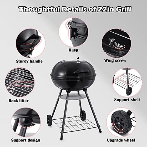 HaSteeL 22 Inch Charcoal Grill, 2 Layer Grilling Racks Heavy Duty Kettle Outdoor BBQ Grill, Large 355 Square Inches for Camping Backyard Picnic Patio Barbecue Cooking, Round Black Enamel Lid & Bowl - CookCave