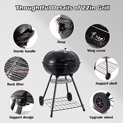 HaSteeL 22 Inch Charcoal Grill, 2 Layer Grilling Racks Heavy Duty Kettle Outdoor BBQ Grill, Large 355 Square Inches for Camping Backyard Picnic Patio Barbecue Cooking, Round Black Enamel Lid & Bowl - CookCave