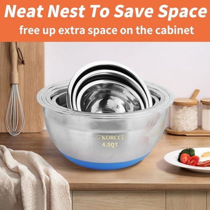 Mixing Bowls With Airtight Lids Set - 7Pc Stainless Steel Nesting Storage Bowls, Non-Slip Silicone Bottom, Size 0.7,1.1,1.7,2.1,2.7,3.6,4.5QT, Ideal for Baking, Prepping, Cooking and Serving Food - CookCave
