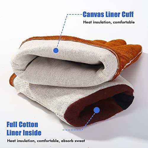 QeeLink Welding Gloves - Heat & Wear Resistant Lined Leather and Fireproof Stitching - For Welders/Fireplace/BBQ/Gardening (14-inch, Brown) - CookCave