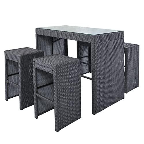BIADNBZ 5-Piece Outdoor Patio Dining Bar Table Sets with Counter Height Glass Tabletop, 4 Stools and Cushions, Wicker Furniture Conversation Suit for Garden Backyard, Grey - CookCave