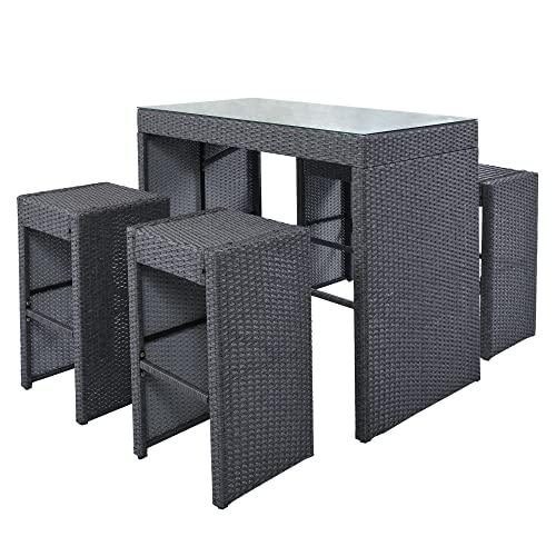 HHOK Patio Dining Table, 5-Piece Outdoor PE Rattan Sets with Temper Glass Tabletop and 4 Stools for Backyard, Garden, L-Black Wicker Bar Furniture - CookCave