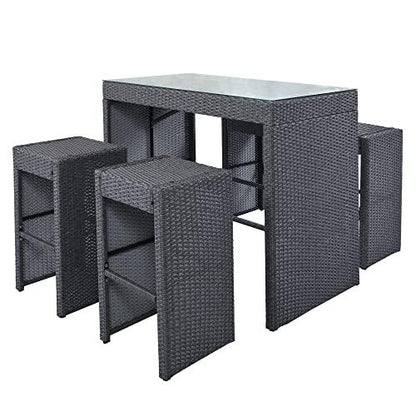 HHOK Patio Dining Table, 5-Piece Outdoor PE Rattan Sets with Temper Glass Tabletop and 4 Stools for Backyard, Garden, L-Black Wicker Bar Furniture - CookCave