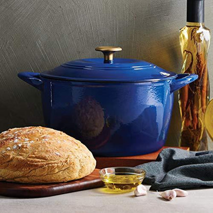 Tramontina Covered Tall Round Dutch Oven Enameled Cast Iron 7 Qt (Classic Blue Gold Knob) - 80131/359DS - CookCave