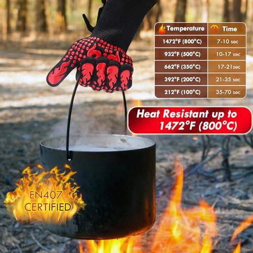 Heat Resistant BBQ Gloves, 1472℉ Extreme Grill Gloves, Non-Slip Silicone Insulated Kitchen Oven Mitts for Barbecue, Baking, Cooking, Camping, Smoker (1 Pair, Black) - CookCave