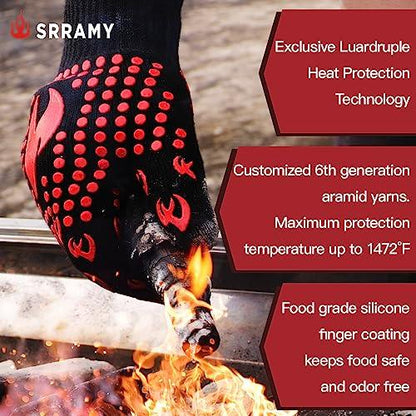 Srramy BBQ Gloves - 1472°F Extreme Heat Resistant, Fireproof, Ideal for Grilling, Barbecuing, Baking, Smoking, and Camping. Suitable for Both Men and Women, Perfect for Handling Hot Food Safely - CookCave