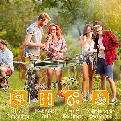 TeqHome Portable Charcoal Grill, Upgraded Folding Large Barbecue Charcoal Grill W/Board Shelf & Flavoring Storage Basket, Stainless Steel Frame, for 8 People Picnic Garden Terrace Camping Travel Use - CookCave