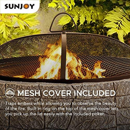 Sunjoy 26 in. Stone Fire Pit, Patio Outdoor Round Wood Burning Fire Pits for Outside with Spark Screen and Poker, Brown & Black - CookCave