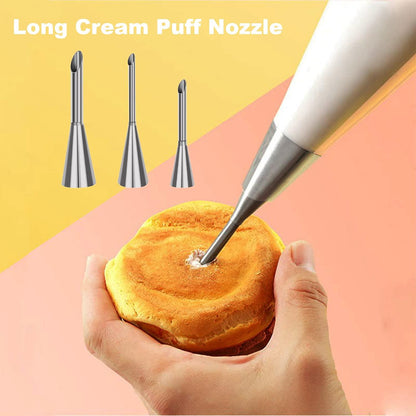 Suuker 3pcs/set Cream Icing Piping Nozzle Tips, Professional Stainless Steel Long Cream Puff Nozzle Decor Small Pastry Icing Piping Decorating Tools(Silver) - CookCave