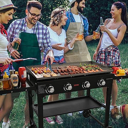 VEVOR Commercial Griddle on Cart, 36" Heavy Duty Manual Flat Top Griddle, Outdoor Cooking Station with Side Shelves, Steel Natural Gas Griddle, 4-Burners Restaurant Portable Grill - 60,000 BTU - CookCave