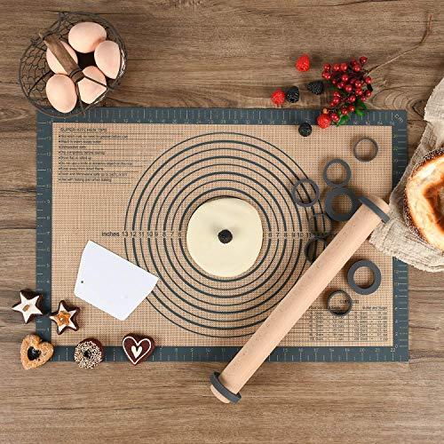 Adjustable Wood Rolling Pin with Thickness Rings for Baking -Non Stick Wooden Dough Roller Pin with Spacer Bands for Cookie,Pie Crust, Pastry Fondant and Bread By Folksy Super Kitchen (15.8, Grey) - CookCave