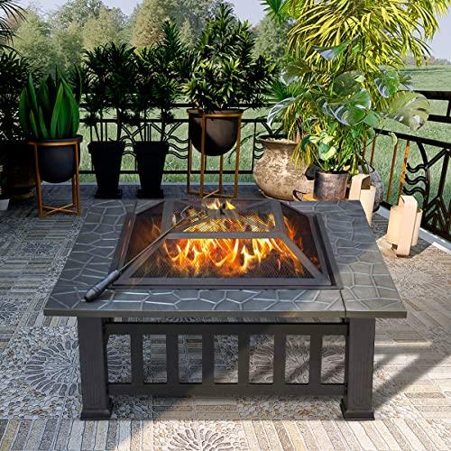 SINGLYFIRE 32 Inch Fire Pit Table for Outside Square Metal Firepit Outdoor Wood Burning Large Steel Bonfire Pit for Patio Backyard Garden with Waterproof Cover,Spark Screen,Log Grate,Poker - CookCave