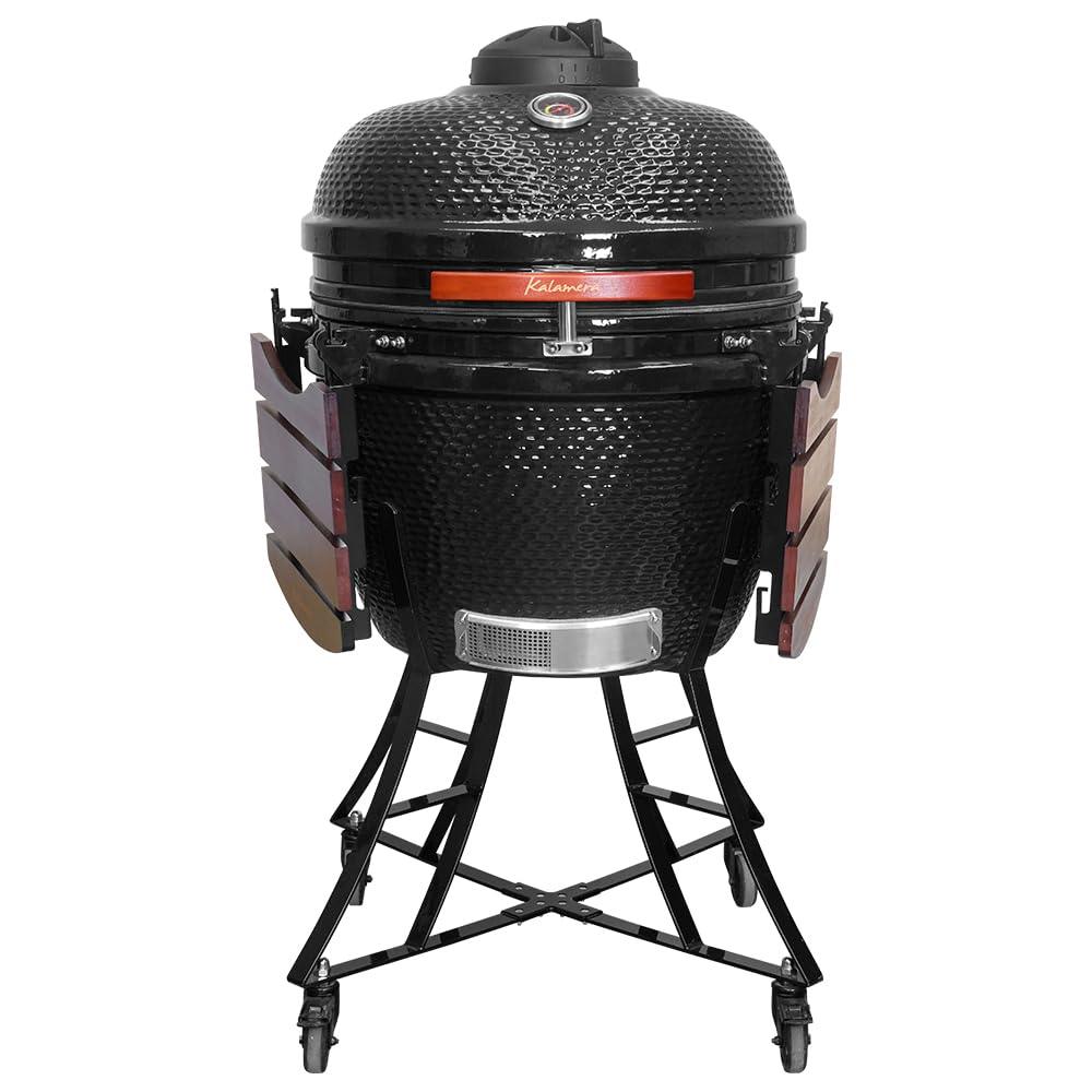 Kalamera 24” Ultimate Outdoor Ceramic Grill Kamado with Cart and Side-wings Black - CookCave