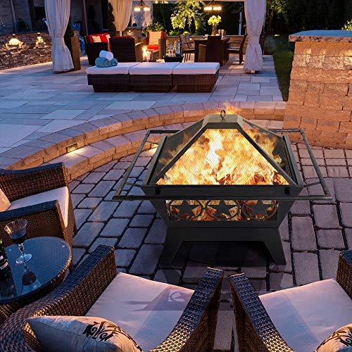 Yaheetech Fire Pit 32in Fire Pits for Outside Outdoor Fireplace Large Square Wood Burning Fire Pit Heavy Duty for Patio BBQ Camping Bonfire with Spark Screen, Mesh Cover, Poker - CookCave