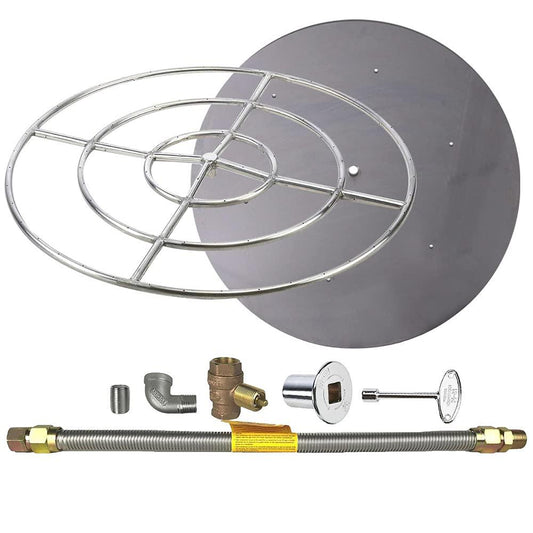 Spotix HPC Match Lit Fire Pit Burner Kit (FPS36HCKIT-PAN-NG-MSCB), Round, 36-Inch Burner, 42-Inch Flat Pan, Natural Gas, Polished Chrome, with Flange, Key, Valve, Flex Line and Fittings - CookCave