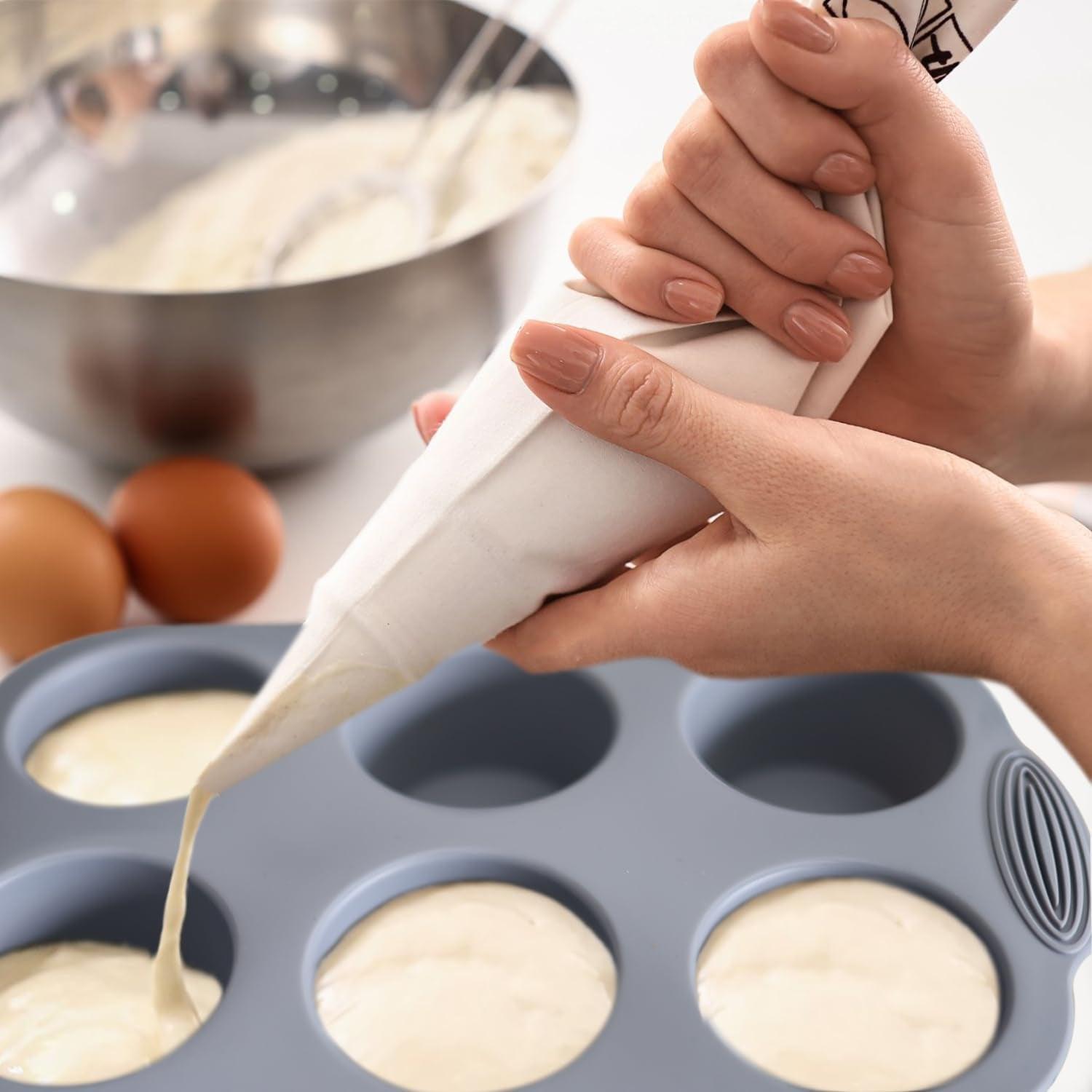 Silicone Muffin Pan - 6-Cavity Nonstick Baking Tray for Muffins, Cupcakes, Brownies and More - Food Grade and BPA Free - Pack of 3 Colors (Gray, Orange, Peacock Blue) - CookCave