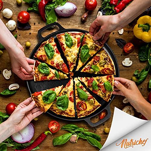 NutriChef 14" Cast Iron Baking Pan Steel Pizza W/Easy Grip Gas, Electric, Glass, Induction Cooker, Oven, & Grill/Campfire-2 Silicone Handles, avarage, Black - CookCave