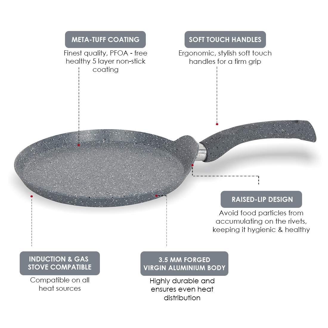 Wonderchef Granite Non-Stick Dosa Tawa | Induction Bottom | Soft-Touch Handles | Virgin Grade Aluminium | PFOA/Heavy Metals Free | 3.5mm | 28cm Non Stick Tawa | Grey - CookCave