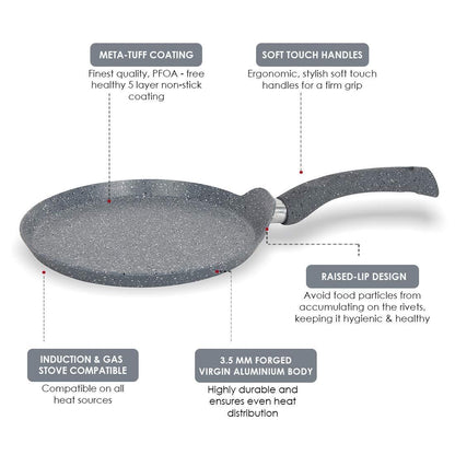 Wonderchef Granite Non-Stick Dosa Tawa | Induction Bottom | Soft-Touch Handles | Virgin Grade Aluminium | PFOA/Heavy Metals Free | 3.5mm | 28cm Non Stick Tawa | Grey - CookCave