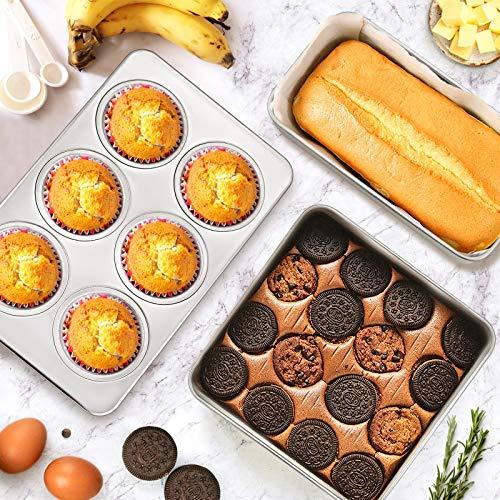 E-far Stainless Steel Bakeware Set, Metal Baking Pan Set of 9, Include Round/Square Cake Pans, Rectangle Baking Pan with Lid, Loaf Pan, Muffin Pan, Cookie Sheet with Rack, Dishwasher Safe - CookCave