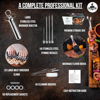 Iron Grillers Professional Meat Injector Syringe Kit for Smoking & Grilling | Large 2 Oz Capacity | Stainless Steel | Marinade Flavor Brush + Meat Shredder Claws - Creates Delicious Turkey & More - CookCave