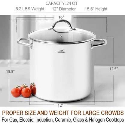 HOMICHEF 24 Quart Large Nickel-Free Stainless Steel Stock Pot With Lid - Polished Heavy Duty Induction Soup Pot - CookCave