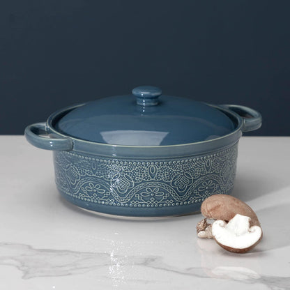 FUN ELEMENTS Lace Emboss Casserole Dish with Lid, 2 Quart Oven to Table Ceramic Round Serving Dish with Handles for Dinner and Party(Grayish Blue) - CookCave