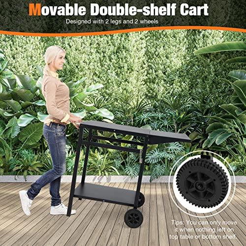 Giantex Outdoor Pizza Oven Stand Grill Cart with Wheels, Foldable Side Table, Gas Tank Hook, 4 Removable Hooks, Double-Shelf Movable Dining Cart Food Prep Worktable Trolley for Outside Kitchen BBQ - CookCave