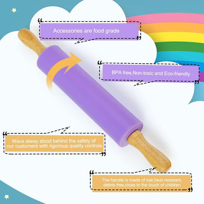 Koogel 12 Inch Silicone Purple Rolling Pin Handle Rolling Pin Non-Stick Silicone Rolling for Kids Kitchen Activity - CookCave