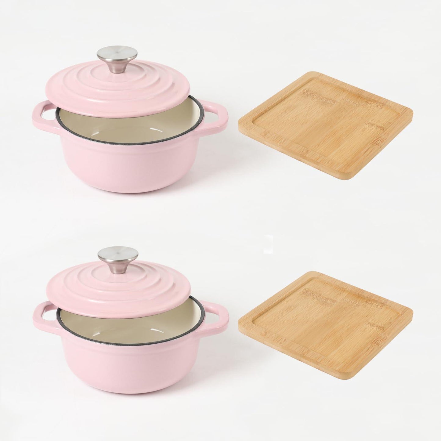 HAWOK Enameled Cast Iron Mini Round Cocotte Set, 0.7QT Mini Dutch Ovens with Lids and Bamboo Trays, 667ml/22.57oz/2.82cups, Set of 2, Pink - CookCave