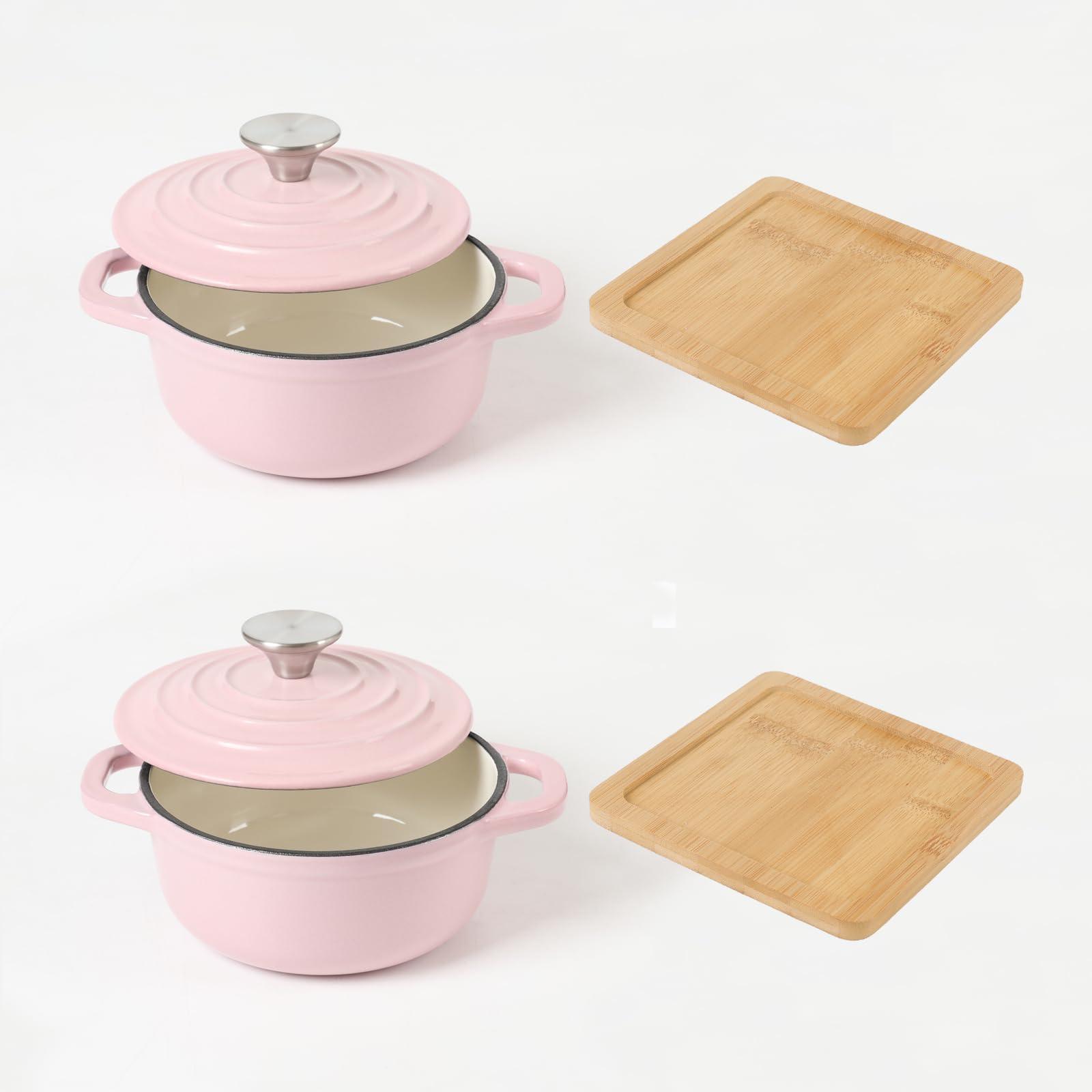 HAWOK Enameled Cast Iron Mini Round Cocotte Set, 0.7QT Mini Dutch Ovens with Lids and Bamboo Trays, 667ml/22.57oz/2.82cups, Set of 2, Pink - CookCave