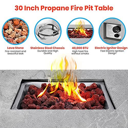 SereneLife Concrete Outdoor Propane Fire Pit Table - CSA/ETL Certified Safe 40,000 Pulse Ignition Weatherproof Square Propane Gas Fire Table - Adjustable Flame, Thermocouple - SLFPLG9 - CookCave