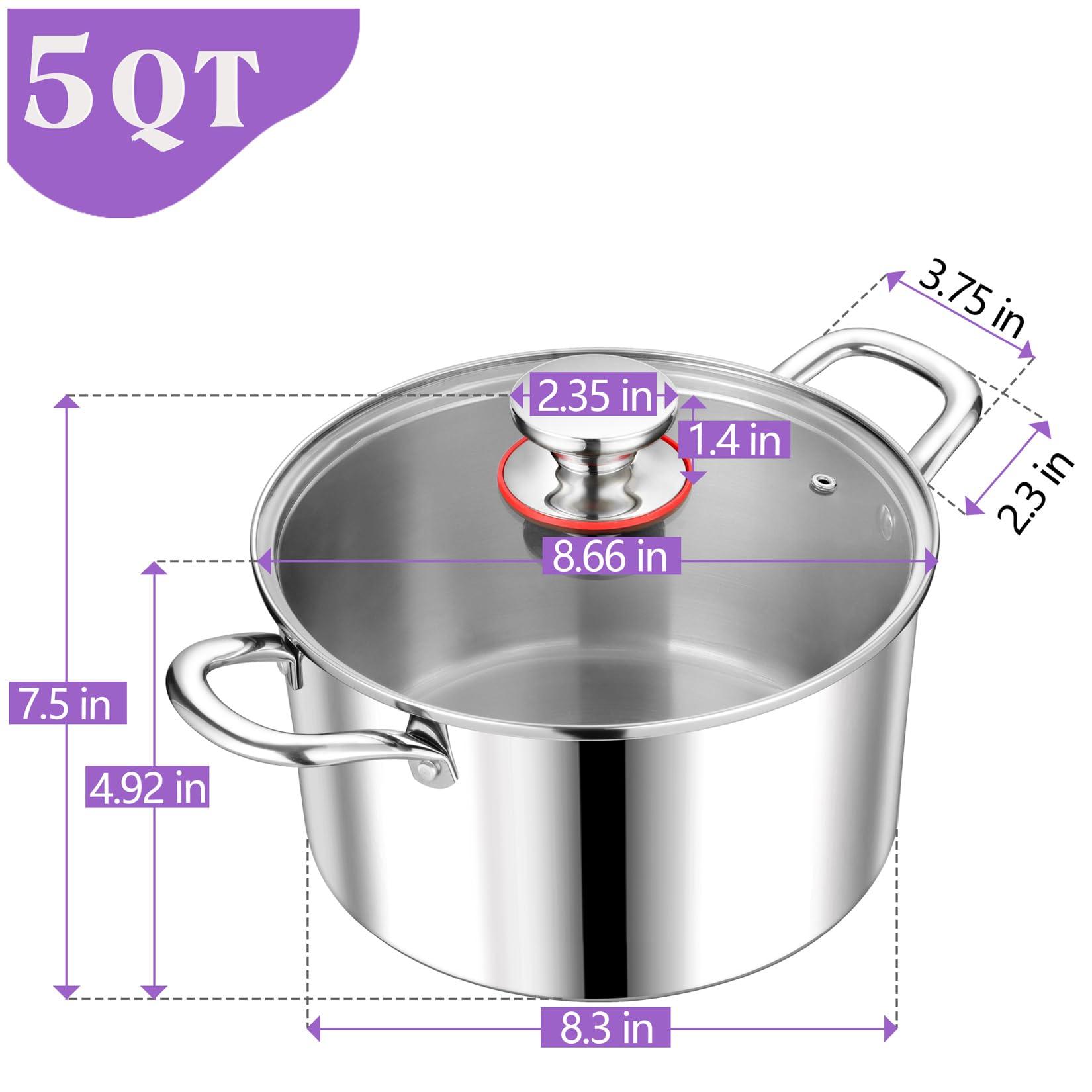 P&P CHEF Tri-Ply Stainless Steel Stockpot (5 QT), Large Stock pot with Visible Lid for Soup Pasta Vegetable, Induction Cooking Pot for All Stoves, Heavy-Duty Pot with Double Handle, Dishwasher Safe - CookCave