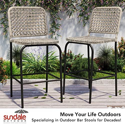 Sundale Outdoor Patio Bar Stools Set of 2, Hand Woven PE Rattan Hollow Back Armless Barstools for Deck Yard Porch, All-Weather Gradient Grey Wicker Outside Tall Chair Set - CookCave