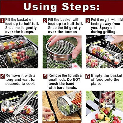 [2 PCS] 2024 New Rolling Grilling Basket BBQ Grill Basket for Outdoor Stainless Steel Grill Mesh bbq Grill Accessories Portable Camping Grill Baskets for Fish, Meat, Vegetable, Shrimp, French Fries - CookCave