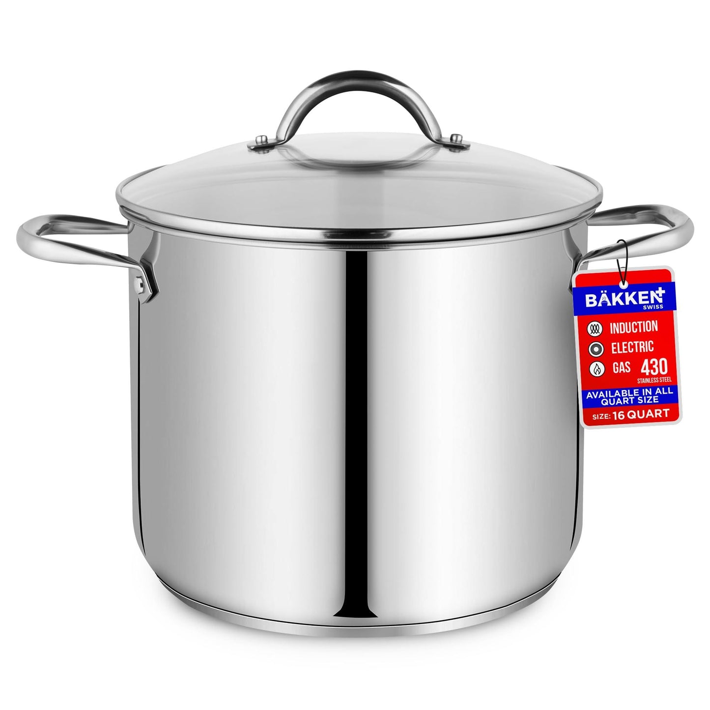 Bakken-Swiss Deluxe 16-Quart Stainless Steel Stockpot w/Tempered Glass See-Through Lid - Simmering Delicious Soups Stews & Induction Cooking - Exceptional Heat Distribution - Heavy-Duty & Food-Grade - CookCave