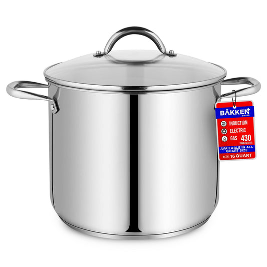 Bakken-Swiss Deluxe 16-Quart Stainless Steel Stockpot w/Tempered Glass See-Through Lid - Simmering Delicious Soups Stews & Induction Cooking - Exceptional Heat Distribution - Heavy-Duty & Food-Grade - CookCave